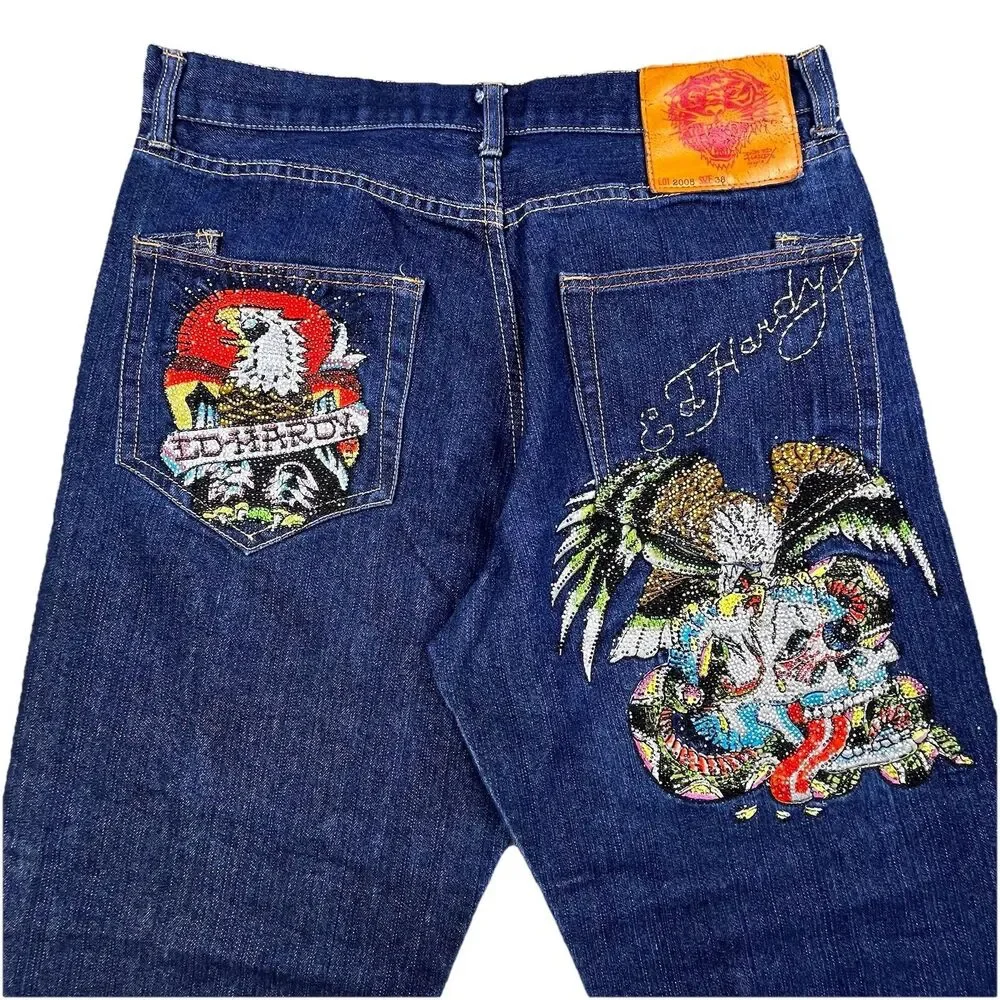 Christian Audigier Ed Hardy Jeans 36x32 Embroidered Rhinestone Skull Eagle